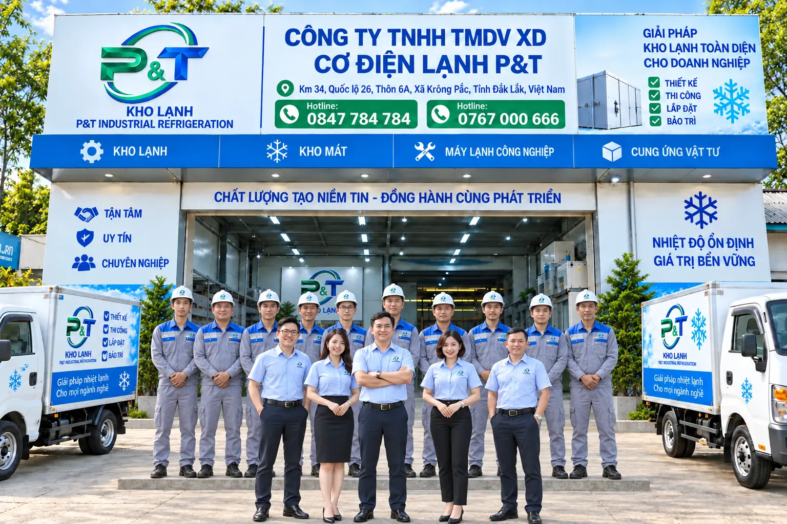 Ảnh minh họa đội ngũ 15 người trước mặt tiền Kho Lạnh P&T